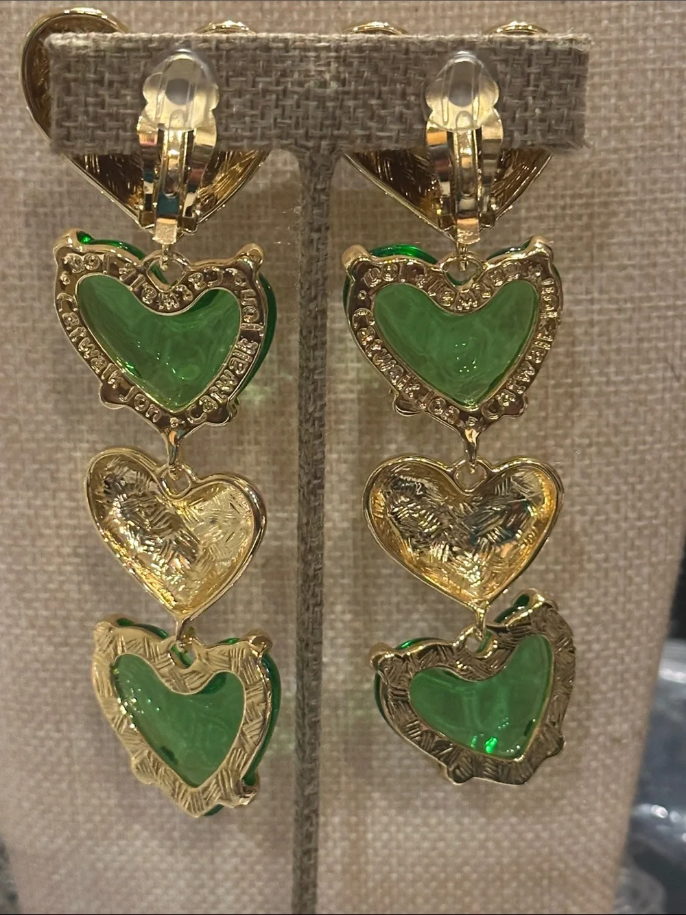 Gold & Green Triple Heart Drop Earrings - Women Jewelry